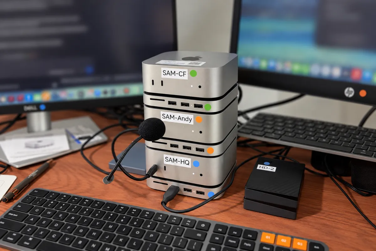 A working stack of labeled SAM computers in Motherboard and Click IT's development environment